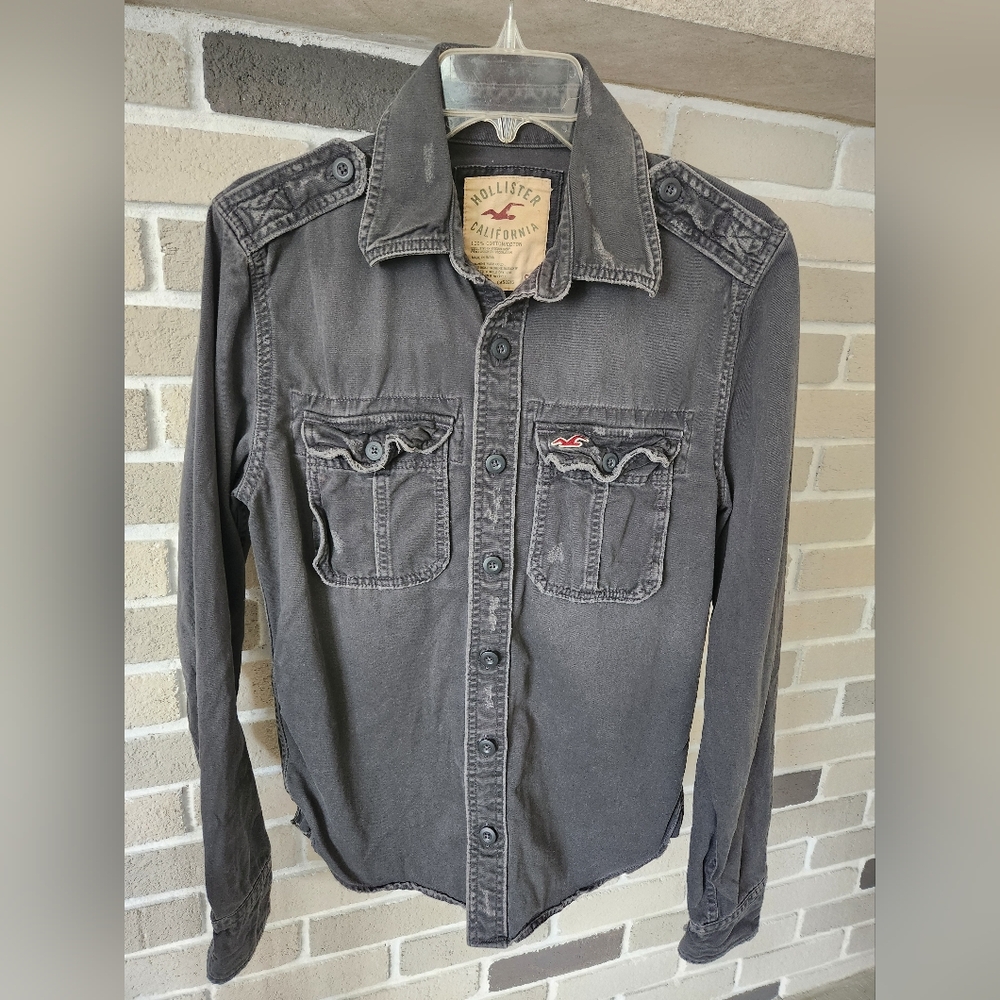 Hollister Men’s Vintage Grey Button Down Shirt Y2K Sun Faded